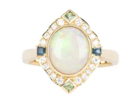 1.31ct Solid Australian Opal with Diamond and Sapphire Halo 14K Gold Engagement Ring R6473