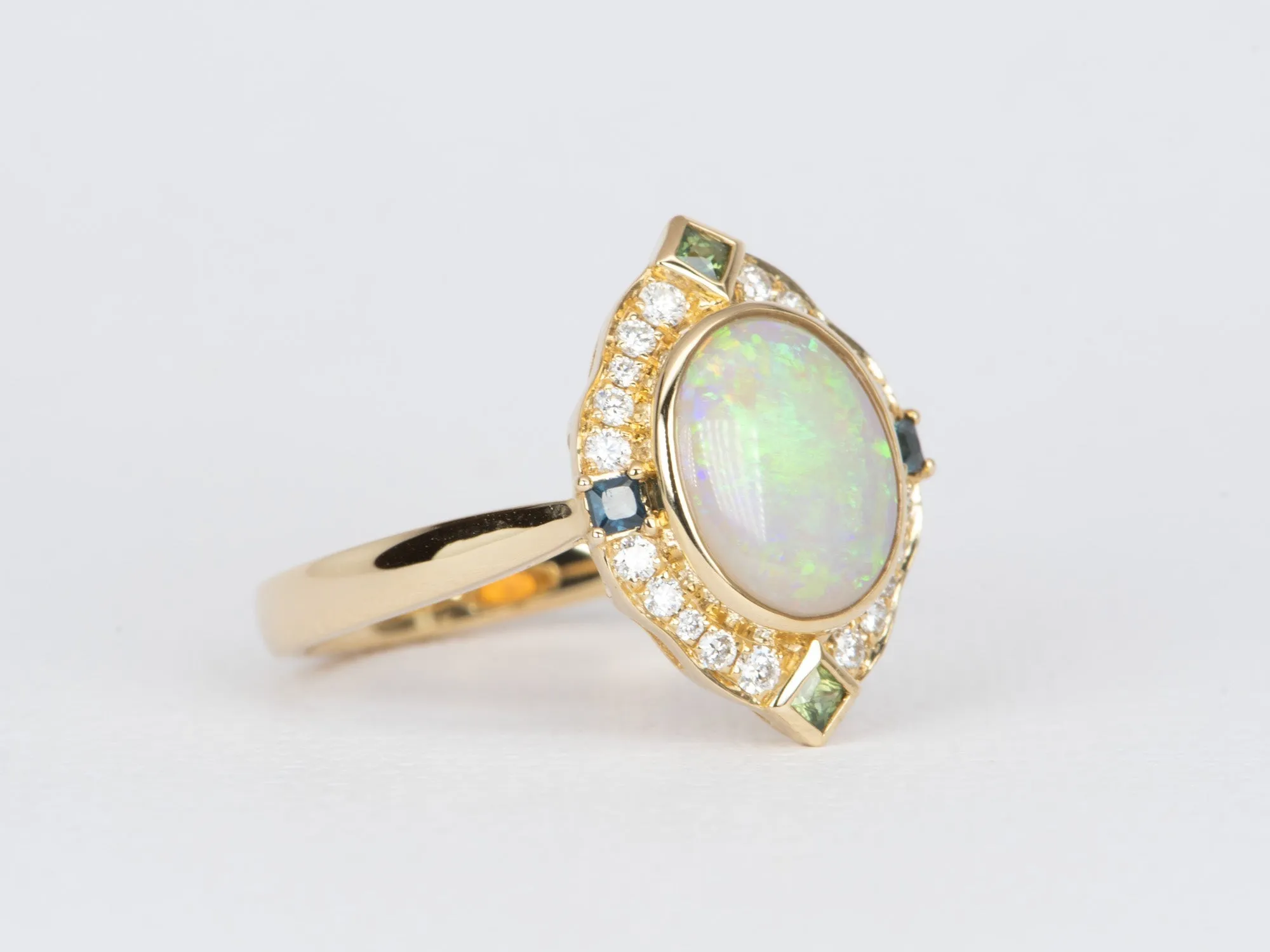 1.31ct Solid Australian Opal with Diamond and Sapphire Halo 14K Gold Engagement Ring R6473