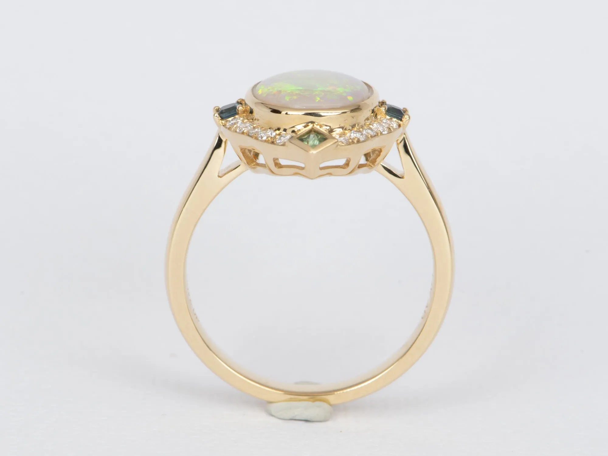 1.31ct Solid Australian Opal with Diamond and Sapphire Halo 14K Gold Engagement Ring R6473