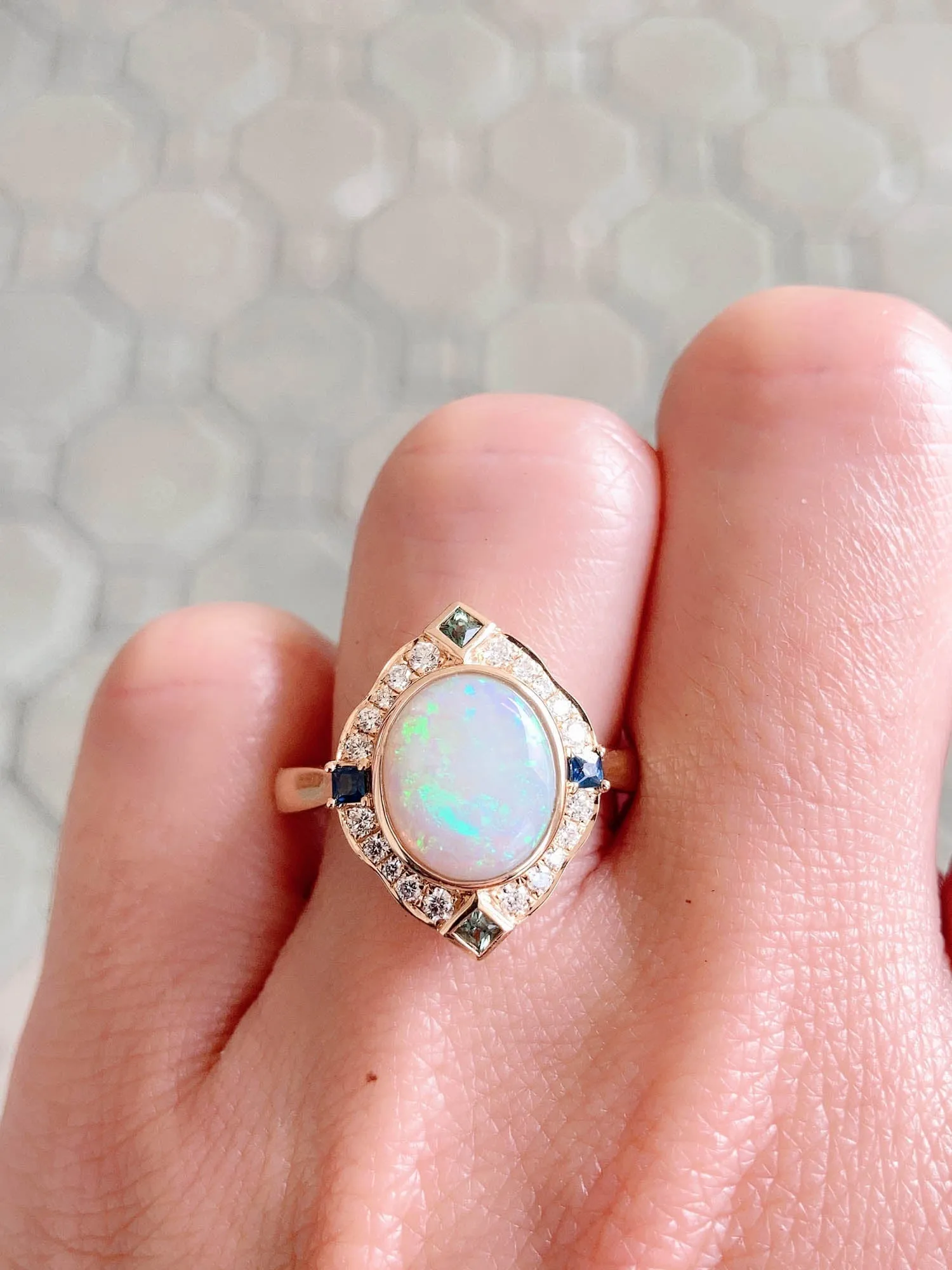 1.31ct Solid Australian Opal with Diamond and Sapphire Halo 14K Gold Engagement Ring R6473