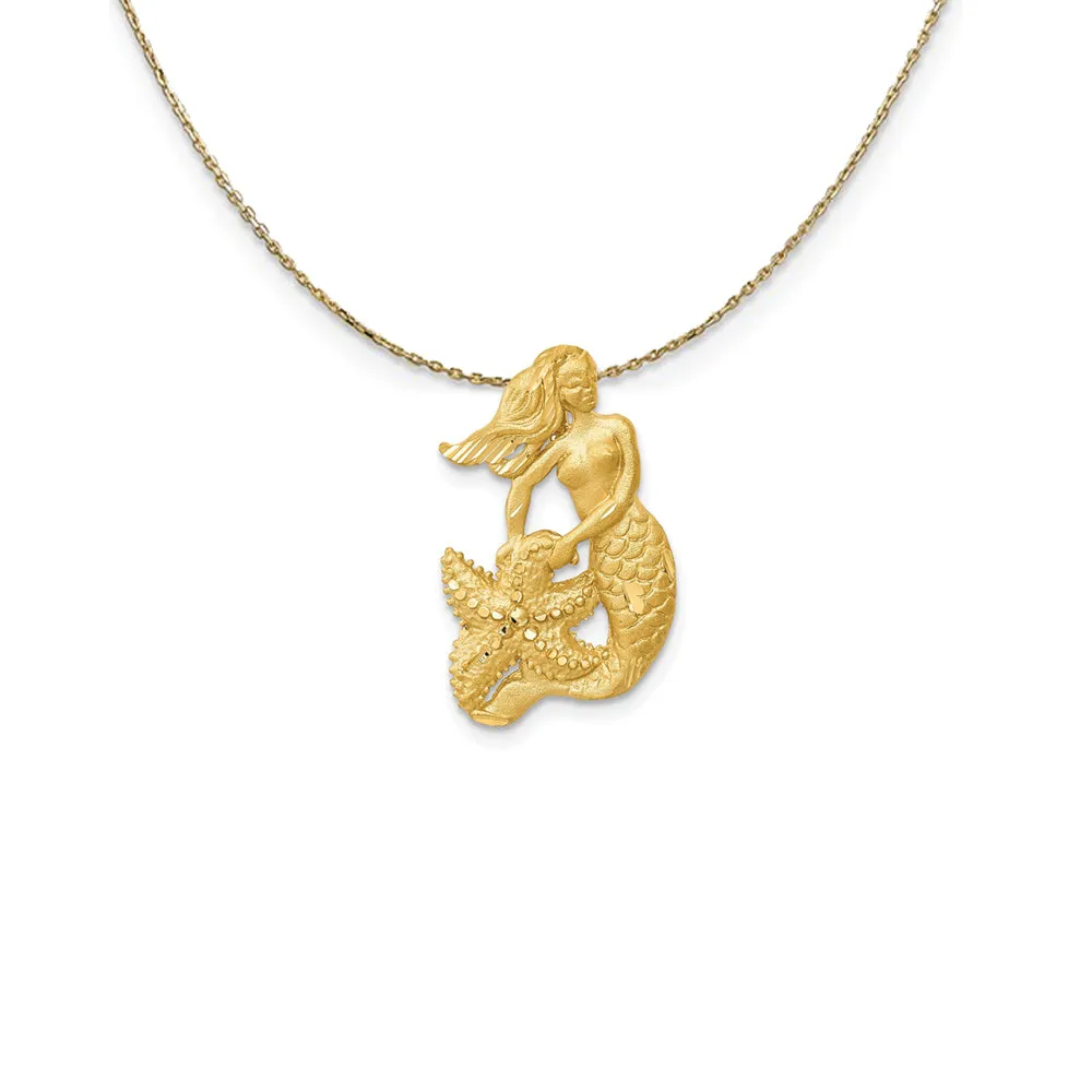 14k Yellow Gold Diamond Cut Mermaid with Sea Star Necklace