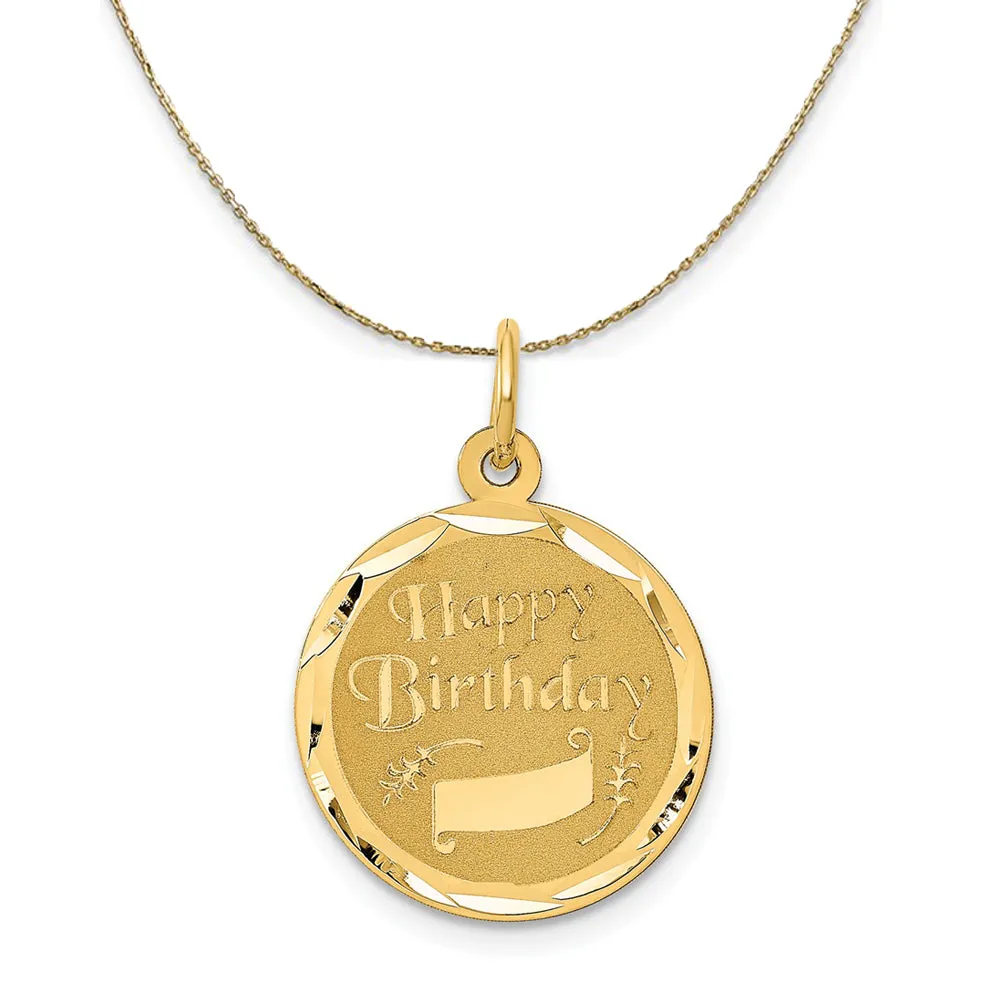 14k Yellow Gold Happy Birthday w Banner Circle Necklace