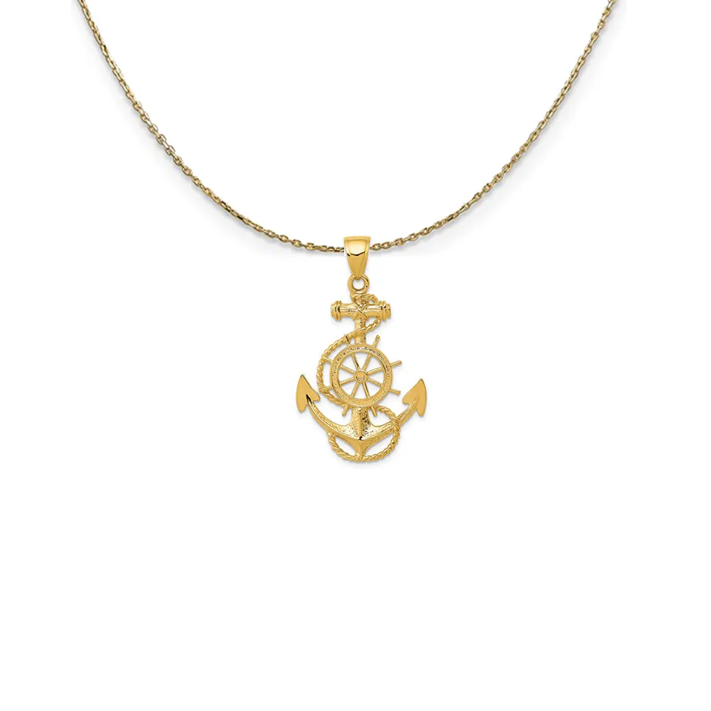 14k Yellow Gold Large Anchor, Ship's Wheel and Rope Necklace