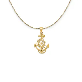 14k Yellow Gold Large Anchor, Ship's Wheel and Rope Necklace