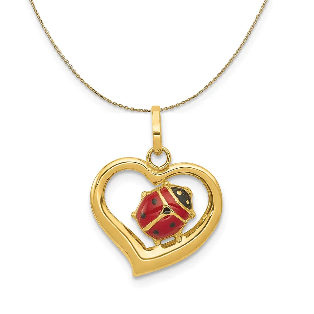 14k Yellow Gold Open Heart Enameled Ladybug Necklace