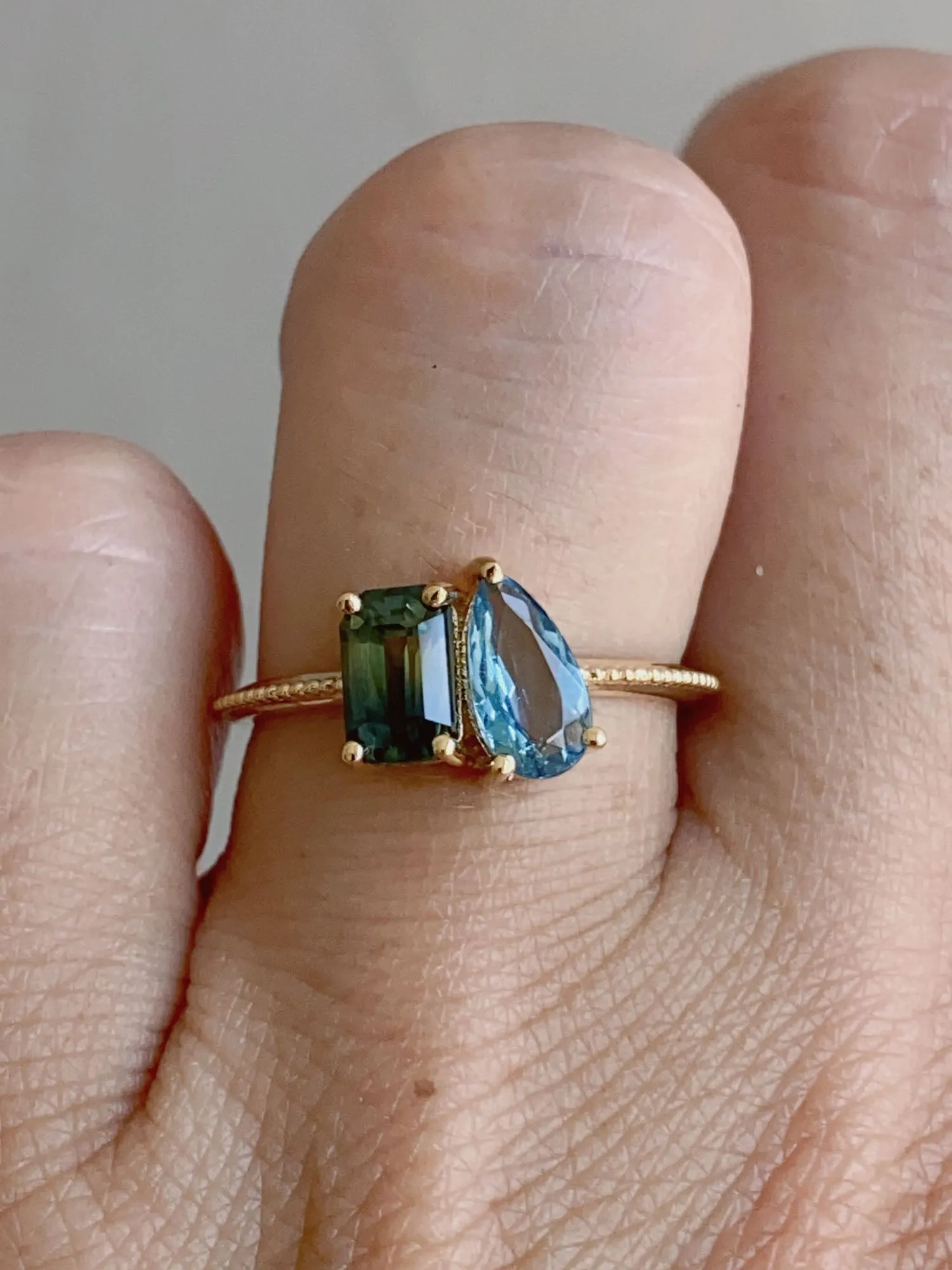 1.57ctw Bi-Color Sapphire and Santa Maria Aquamarine You and Me Ring 14K Gold R6600