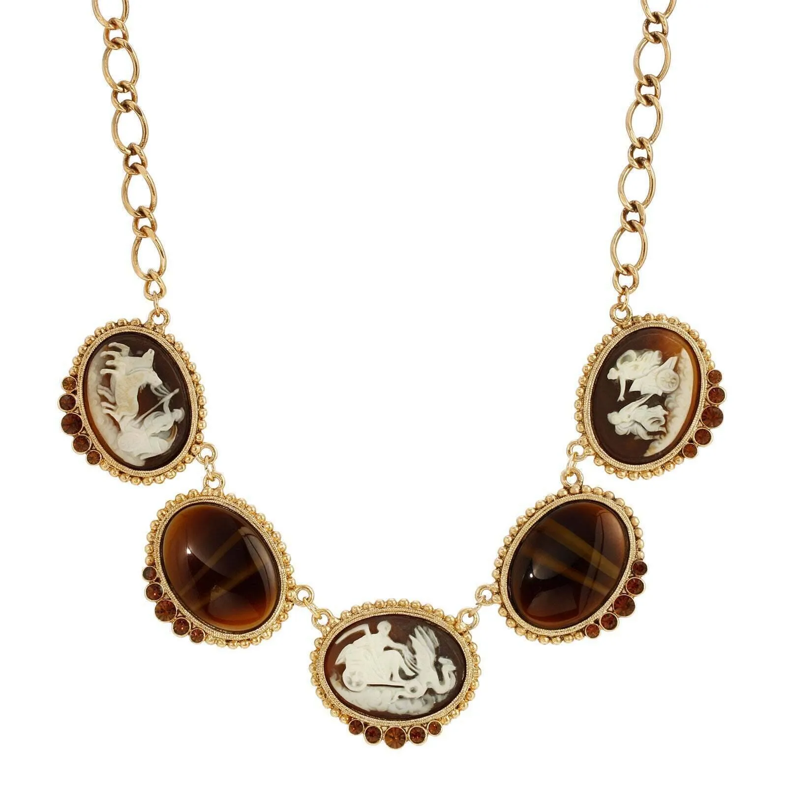 1928 Jewelry Roman Chariots Gala Cameo & Tigers Eye Stones Necklace 16 + 3 Extender