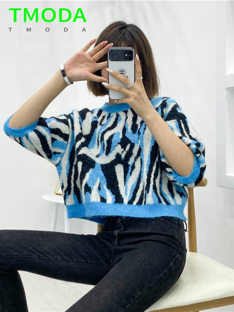 2023 Autumn Women Chic Leopard Printed Short Sweaters Casual Loose Streetwear Knitting Pullover Cropped Tops