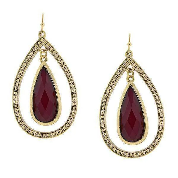 2028 Jewelry Burgundy Teardrop Stone Open Hoop Earrings