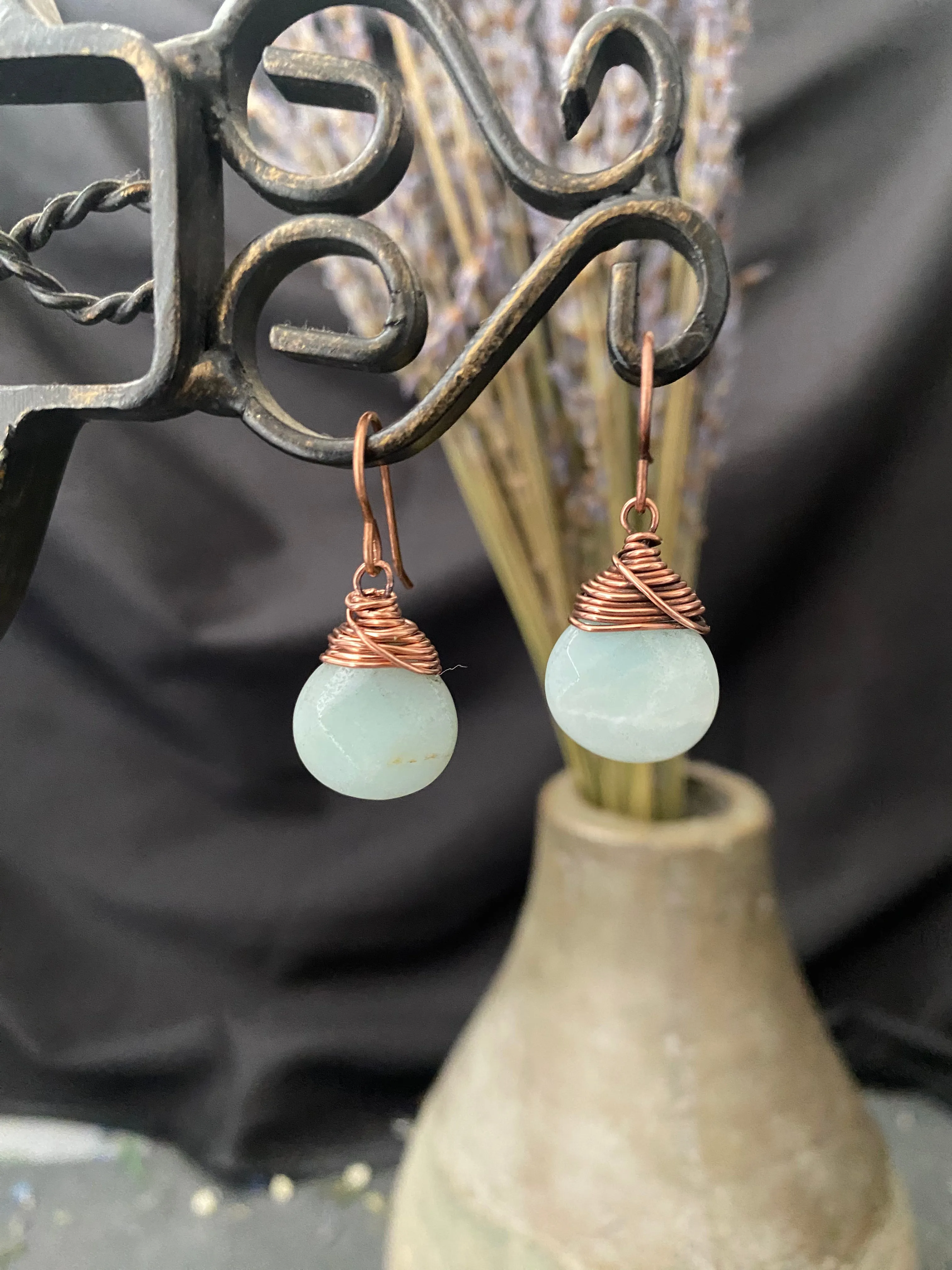 Amazonite gemstone drops, copper metal earrings, jewelry.