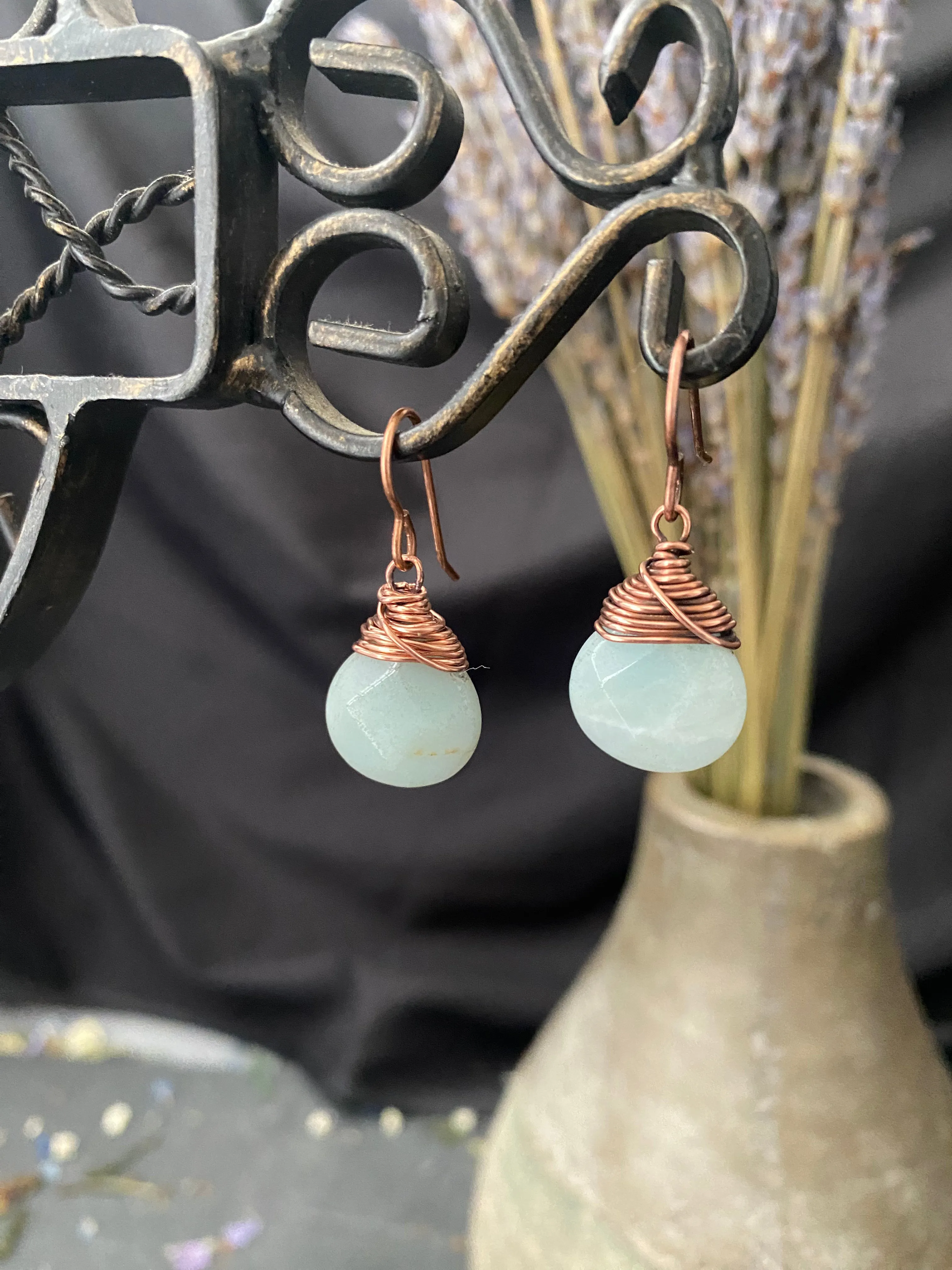 Amazonite gemstone drops, copper metal earrings, jewelry.