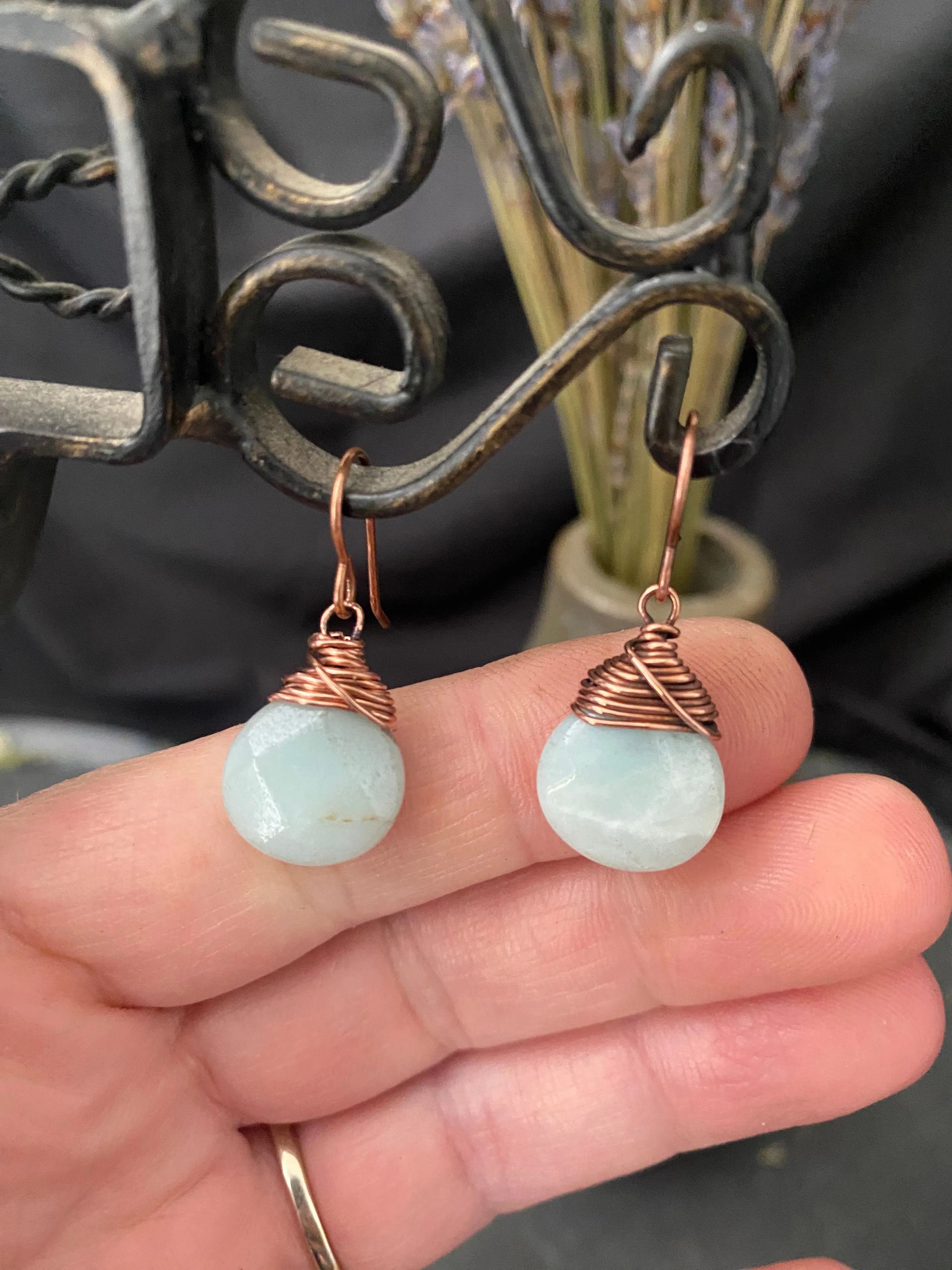 Amazonite gemstone drops, copper metal earrings, jewelry.