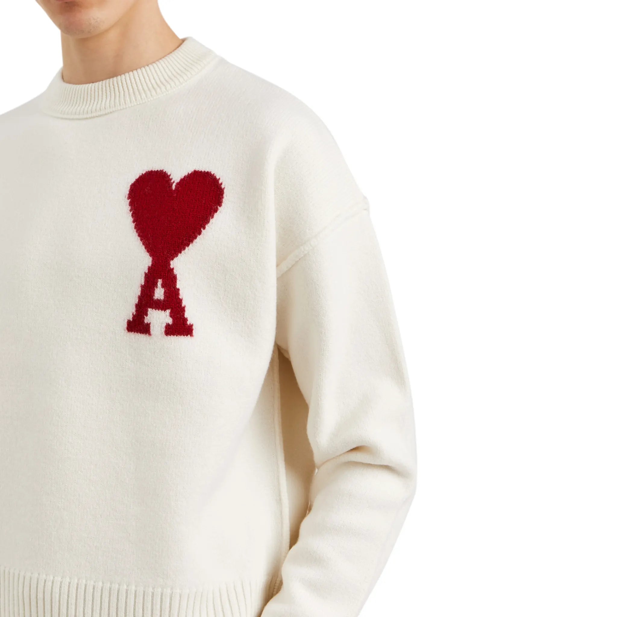 Ami Paris Red Ami De Coeur Logo Intarsia Off White Sweatshirt