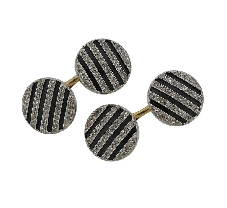 Art Deco Enamel Diamond Gold Platinum Cufflinks Button Stud Set