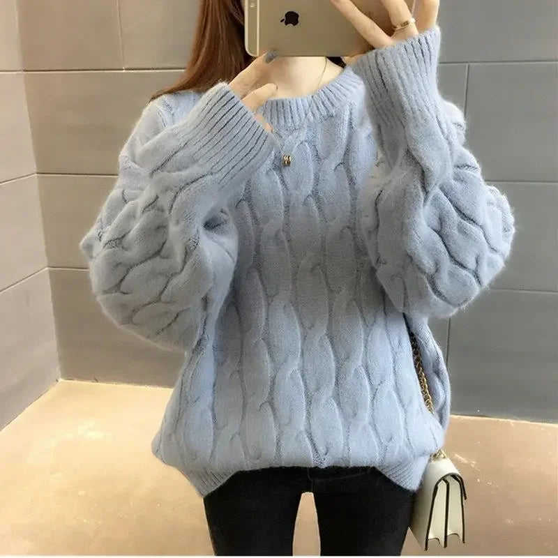 Ashore Shop Women Pullovers Casual Solid Color Knitwear Long Sleeve Winter Cable Knit Mock Neck Long Sleeve