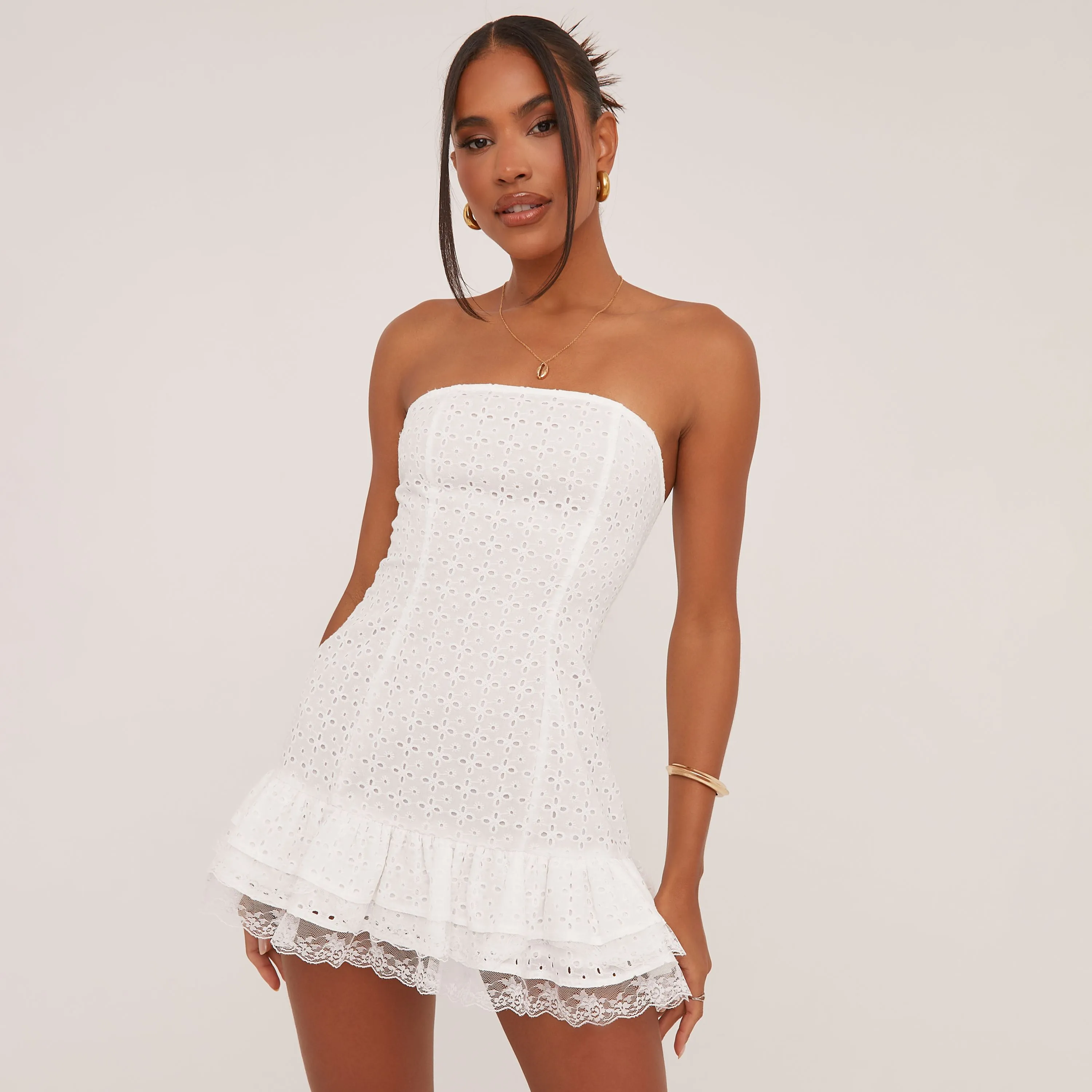 Bandeau Tie Back Tiered Frill Lace Hem Broderie Mini Dress In White