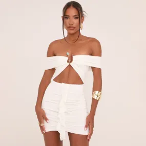 Bardot Gem Detail Cut Out Frilly Front Mini Bodycon Dress In White Slinky