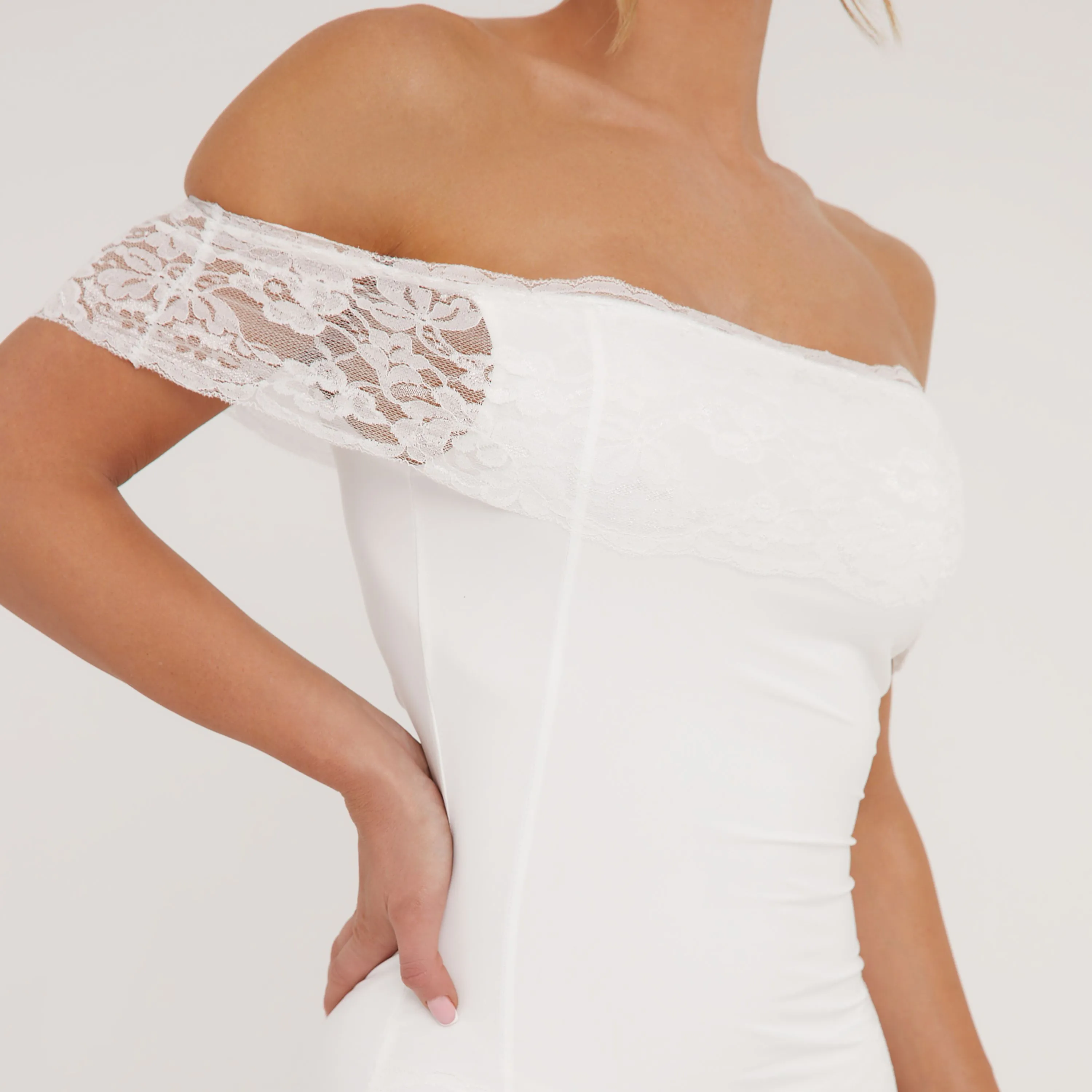 Bardot Lace Detail Mini Bodycon Dress In White Slinky