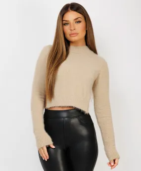 Beige Mohair Split Hem Cropped Sweater