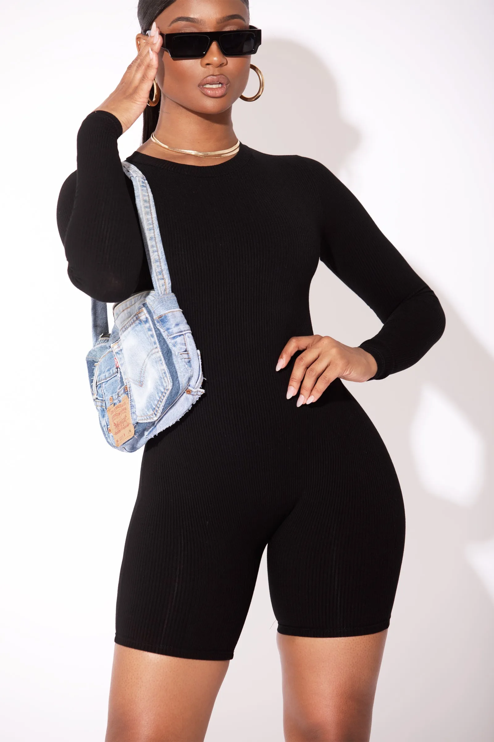 Black Long Sleeve Zip Up Unitard