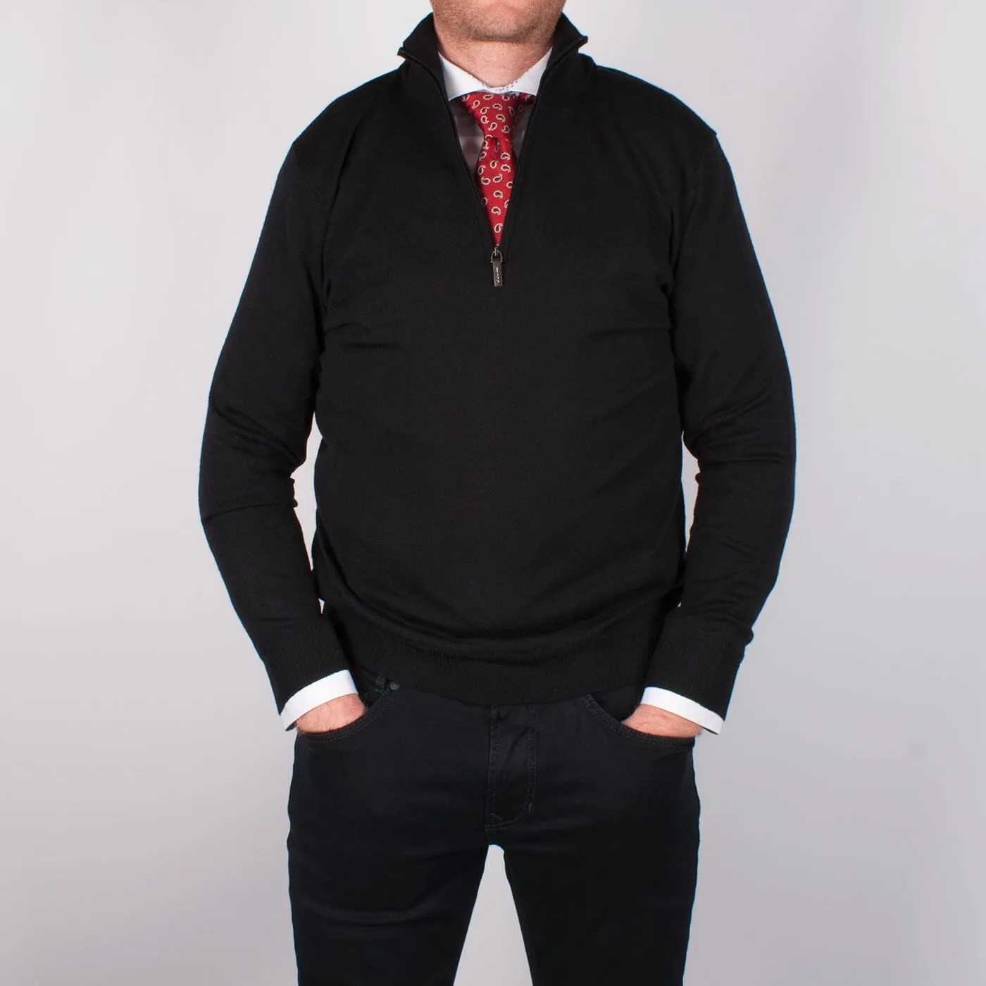 Black Merino Half Zip Sweater