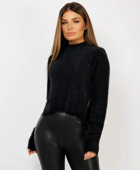 Black Mohair Split Hem Cropped Sweater