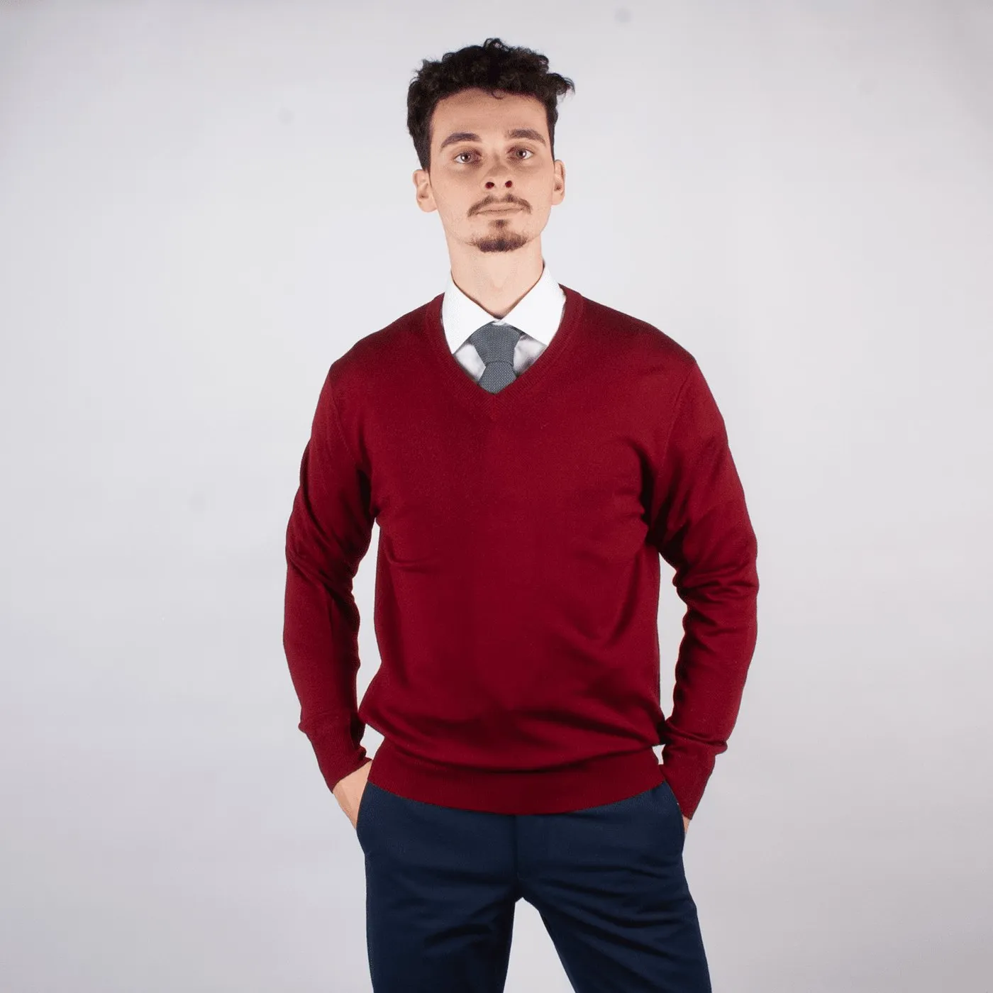 Burgundy Merino V-neck Sweater