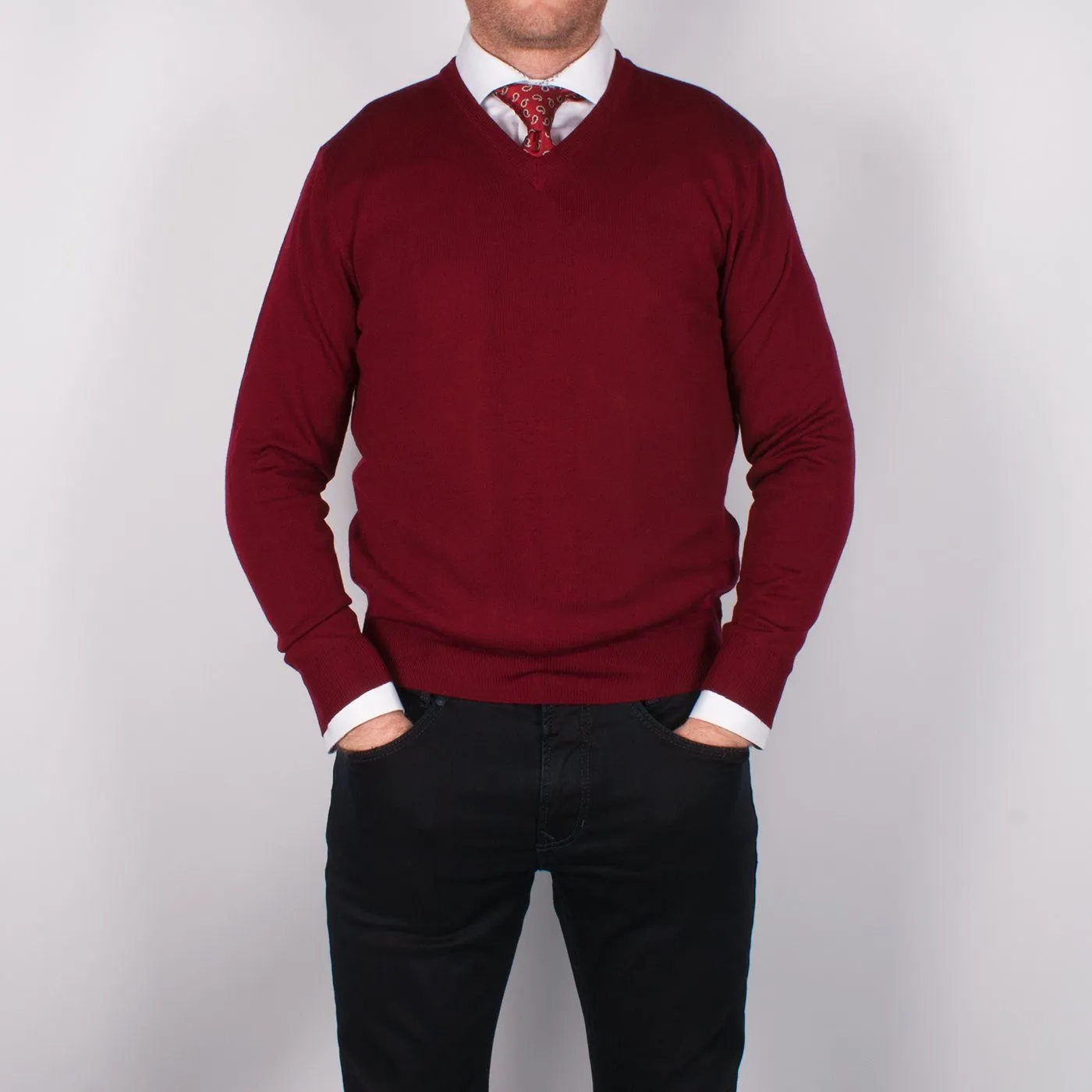 Burgundy Merino V-neck Sweater