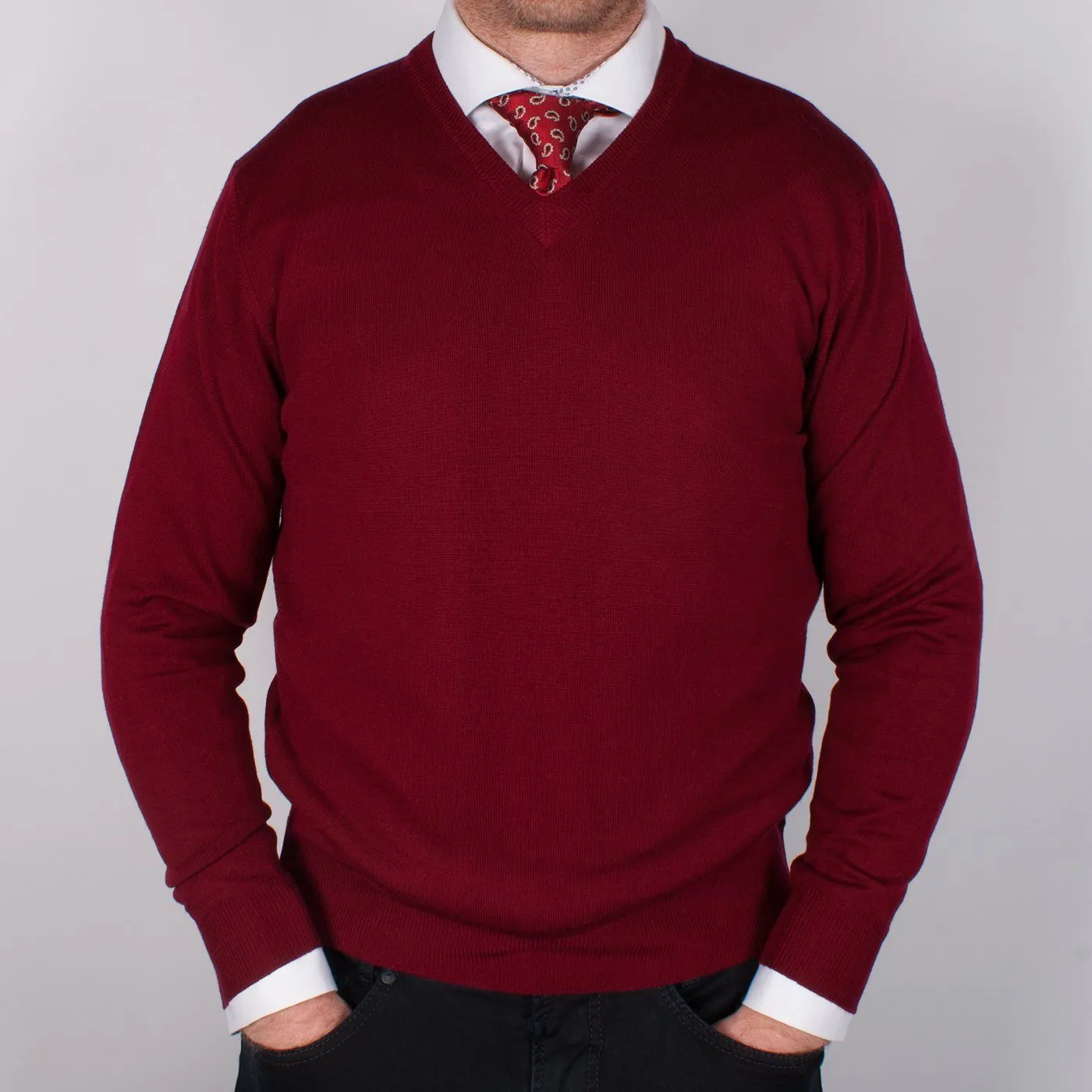 Burgundy Merino V-neck Sweater