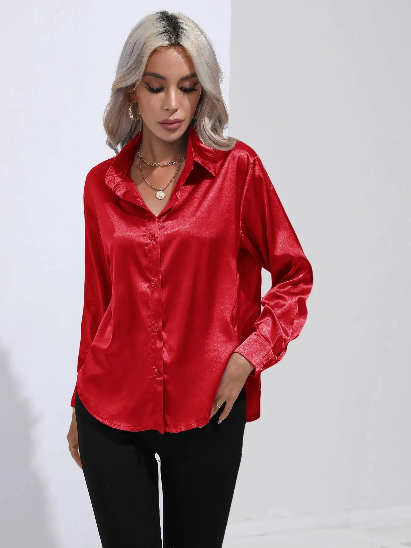 Celmia Office Lady Satin BlouseLong Sleeve