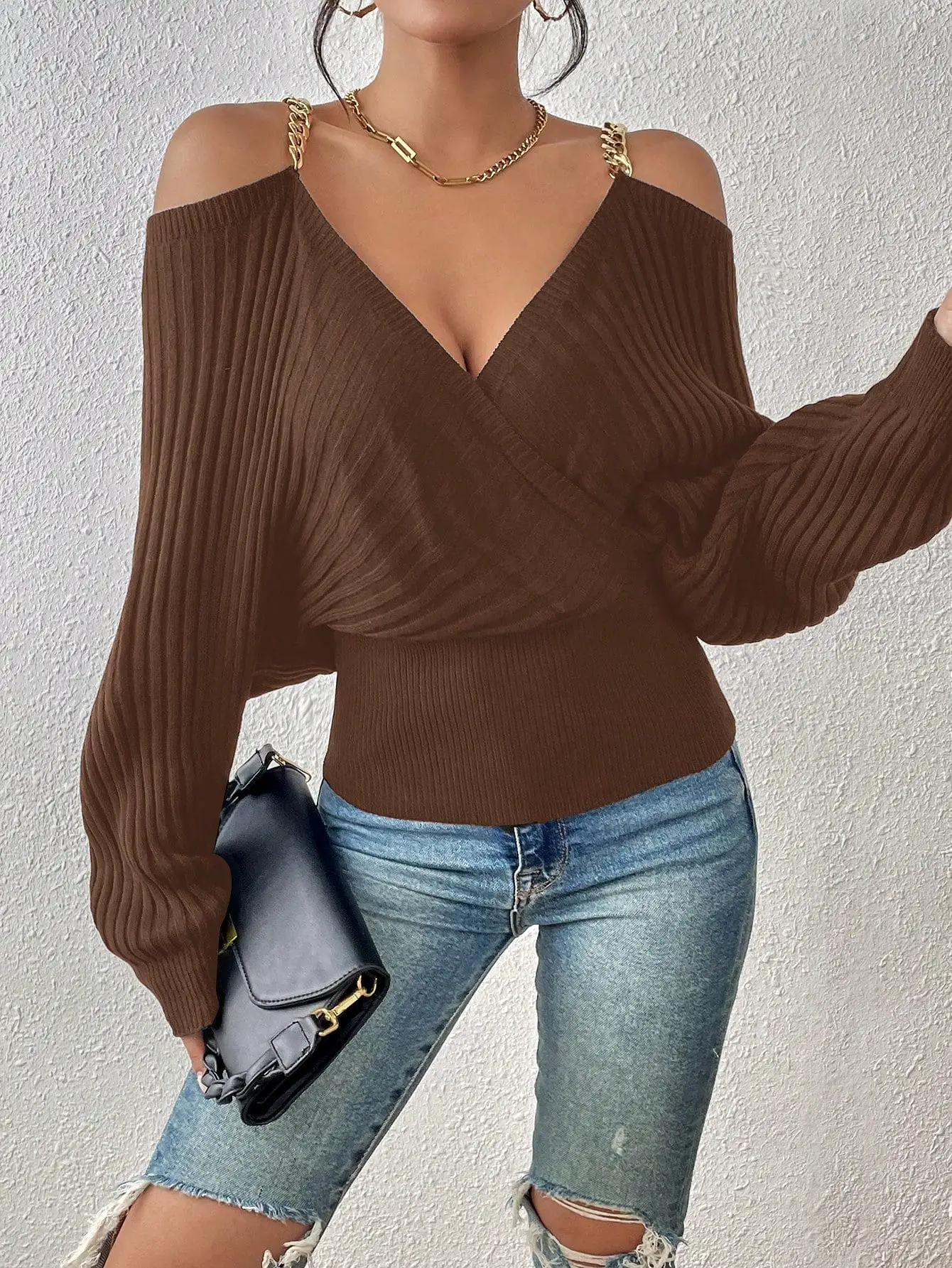 Chain Detail Off the Shoulder Sweater