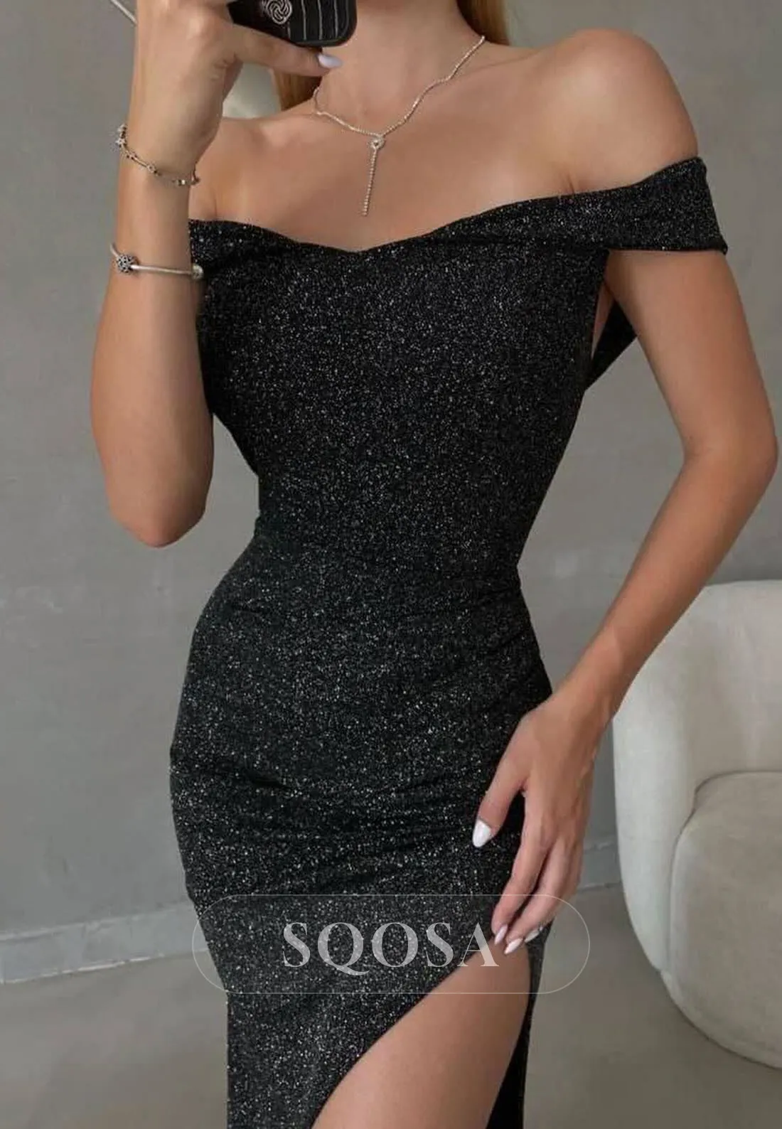 Chic Fitted Glitter Off-Shoulder With Side Slit Party Prom Evening Dress QP3544