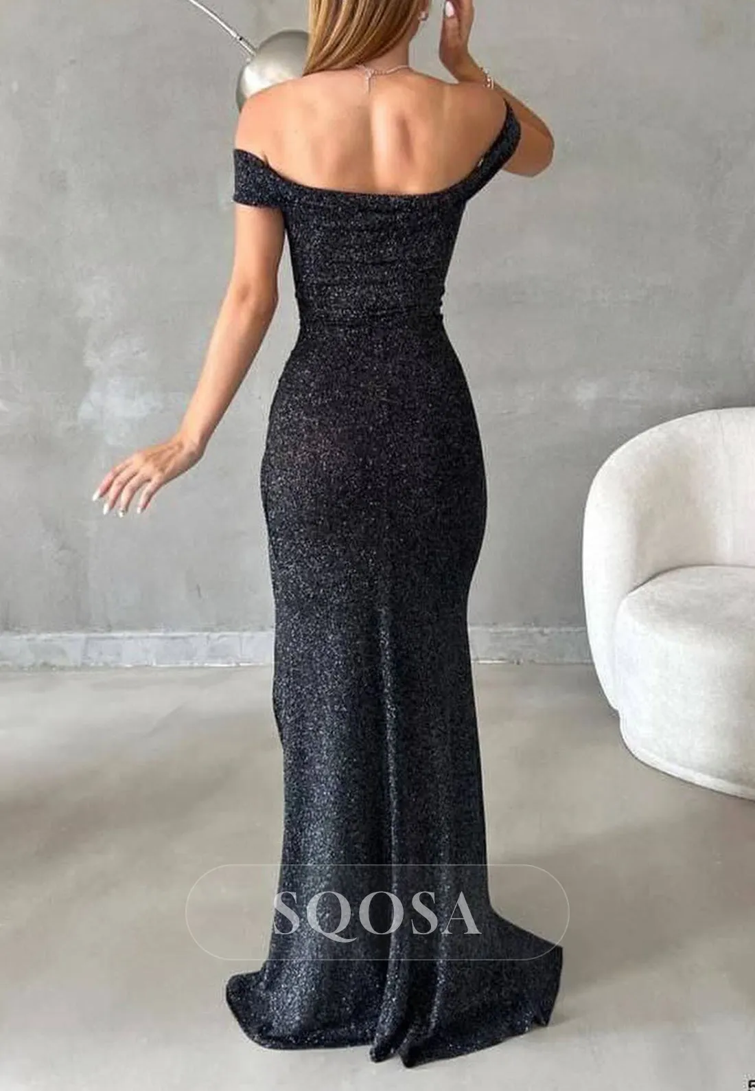 Chic Fitted Glitter Off-Shoulder With Side Slit Party Prom Evening Dress QP3544