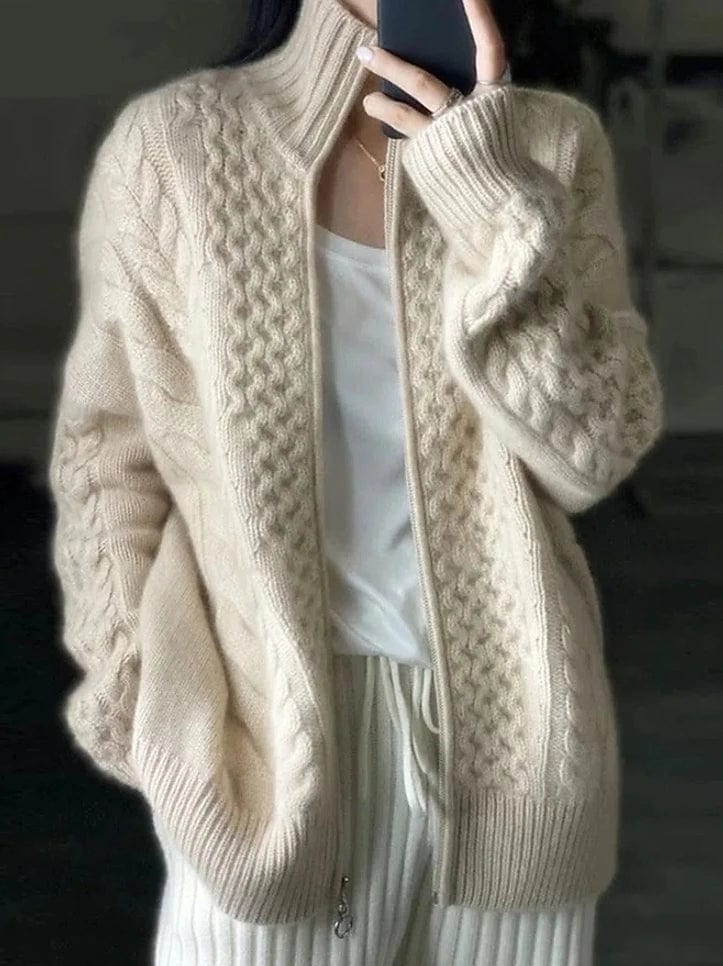 Chunky Cable Knit Zipper Cardigan for Women in Maillard Beige Sizes S, M, L