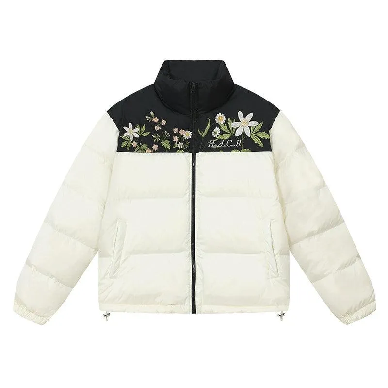 Colorblock Floral Embroidered Puffer