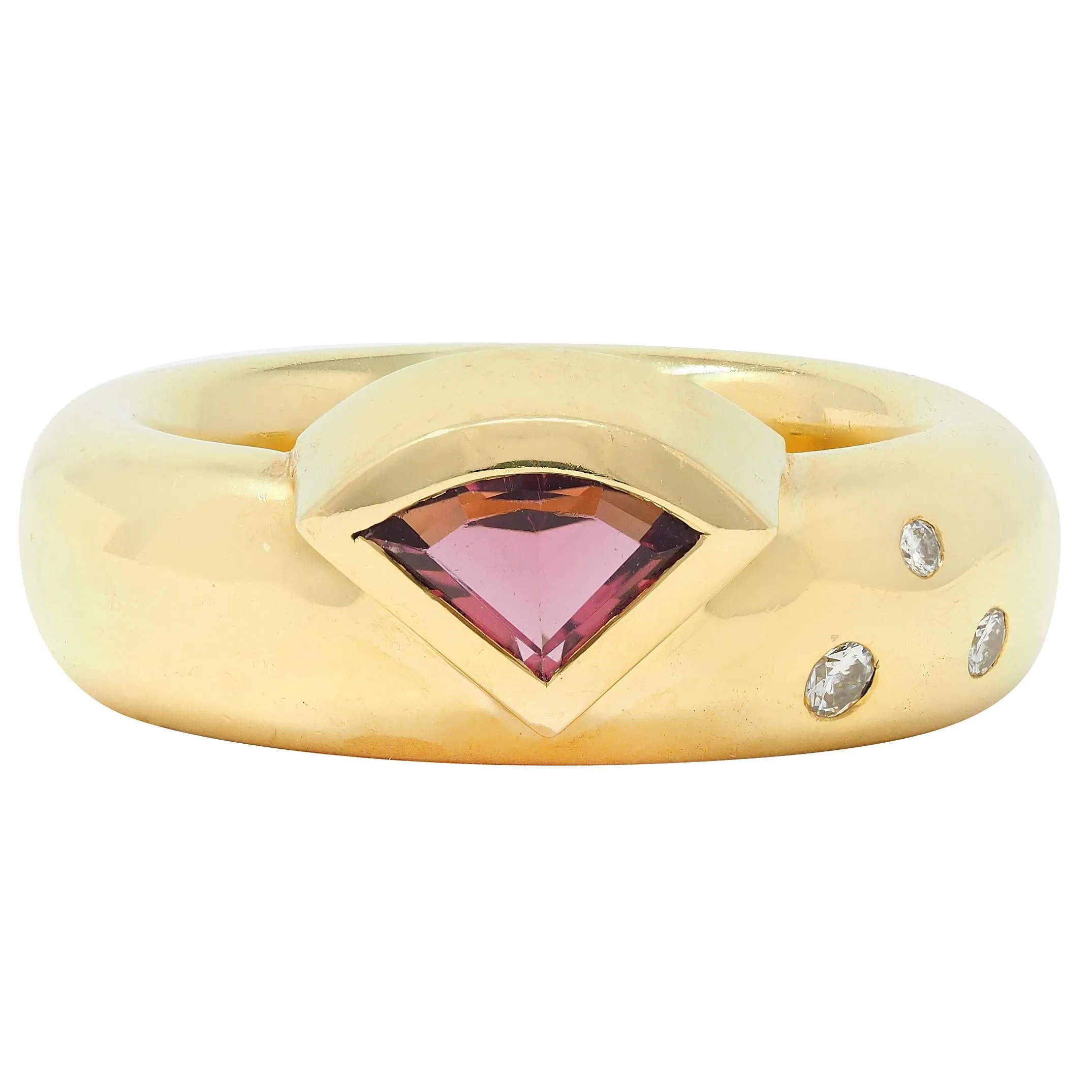 Contemporary Triangular Pink Topaz Diamond 18 Karat Yellow Gold Ring