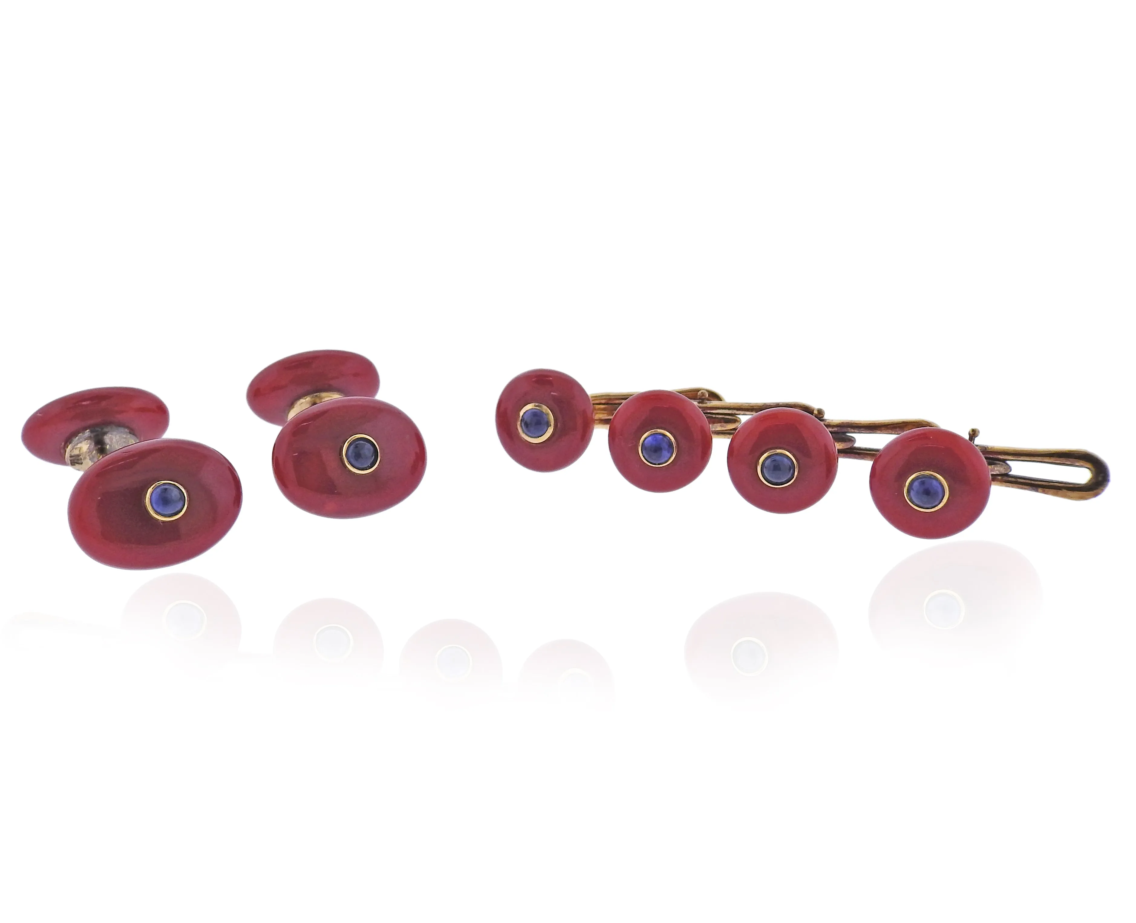 Coral Sapphire Gold Cufflinks Studs Set