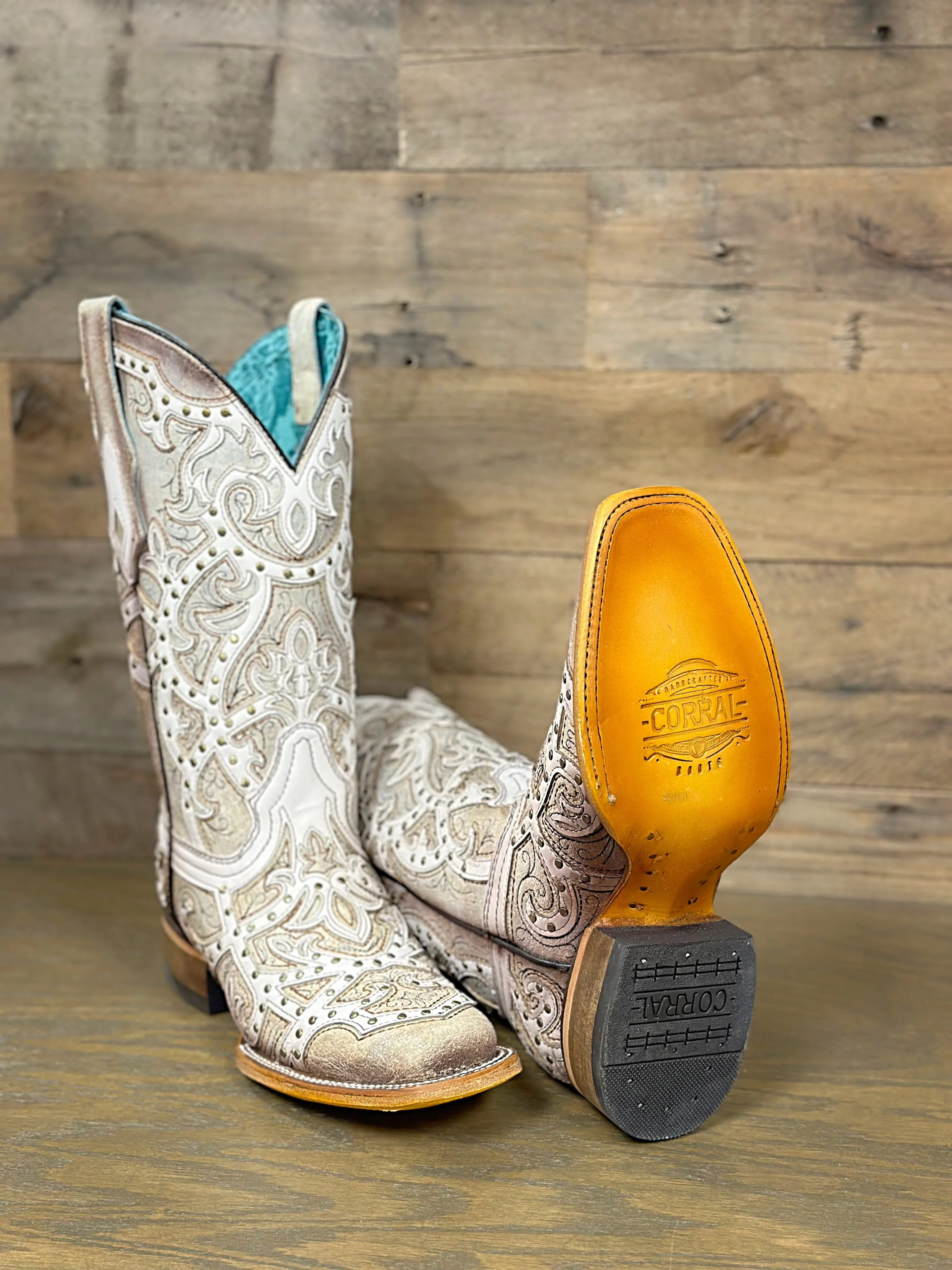 Corral Women's Bone & White Laser Cut Square Toe Western Boot