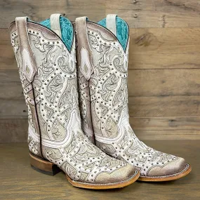 Corral Women's Bone & White Laser Cut Square Toe Western Boot