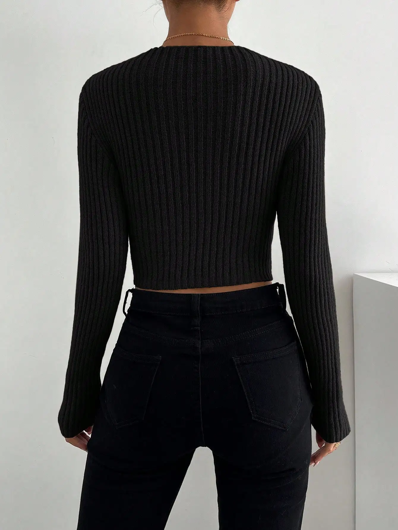 Crisscross Cut Out Ribbed Knit Crop Sweater