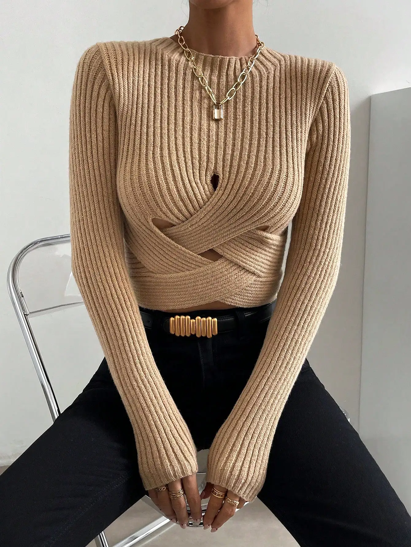 Crisscross Cut Out Ribbed Knit Crop Sweater