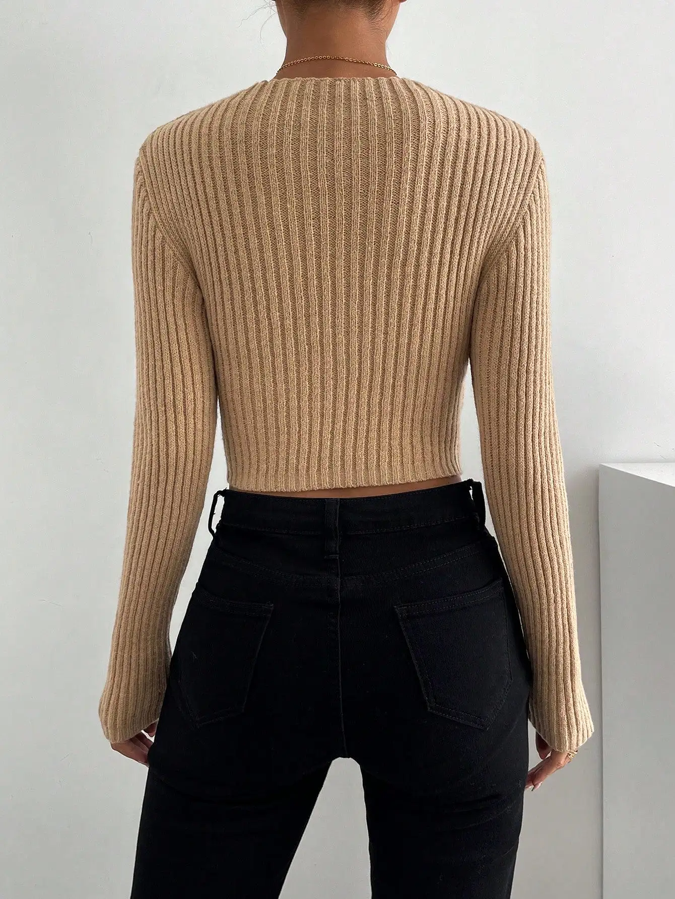 Crisscross Cut Out Ribbed Knit Crop Sweater