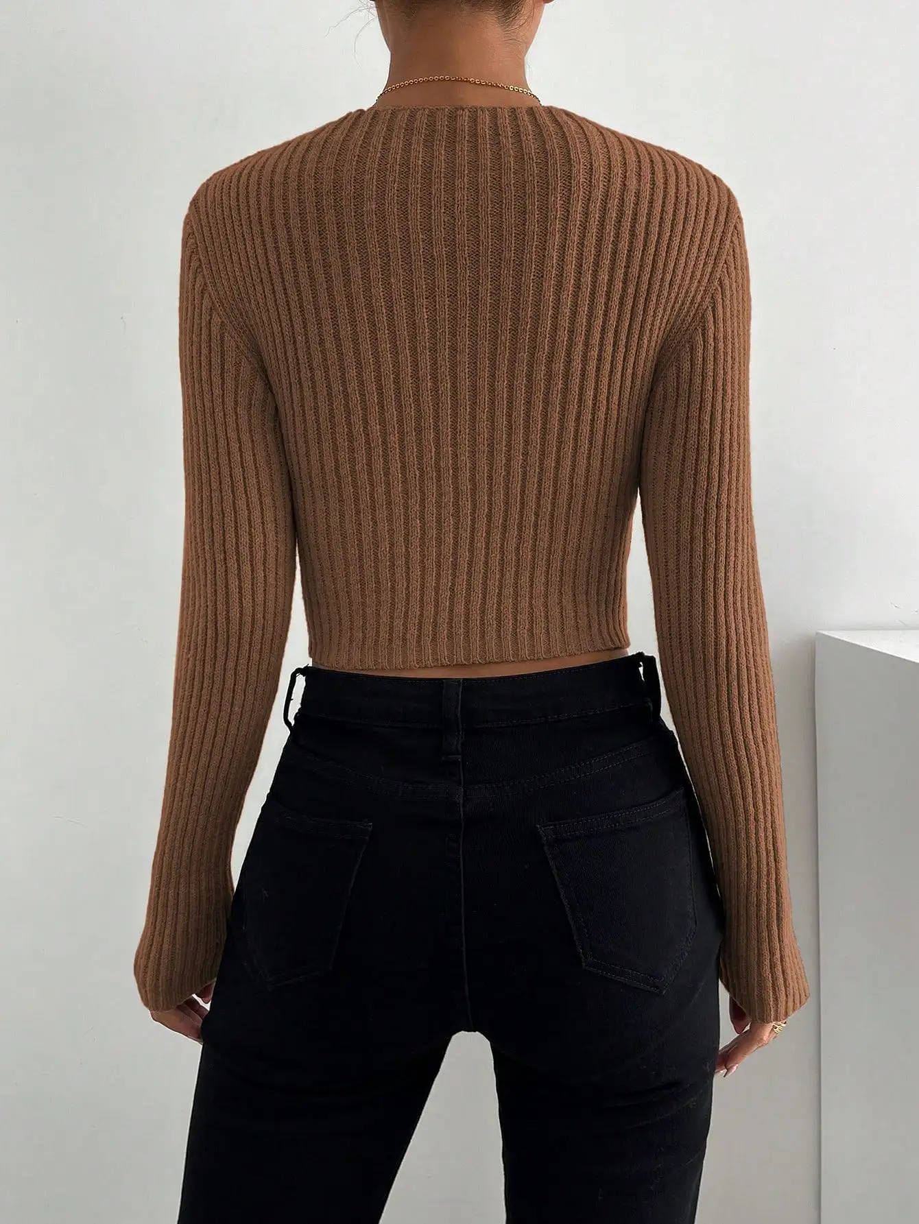 Crisscross Cut Out Ribbed Knit Crop Sweater