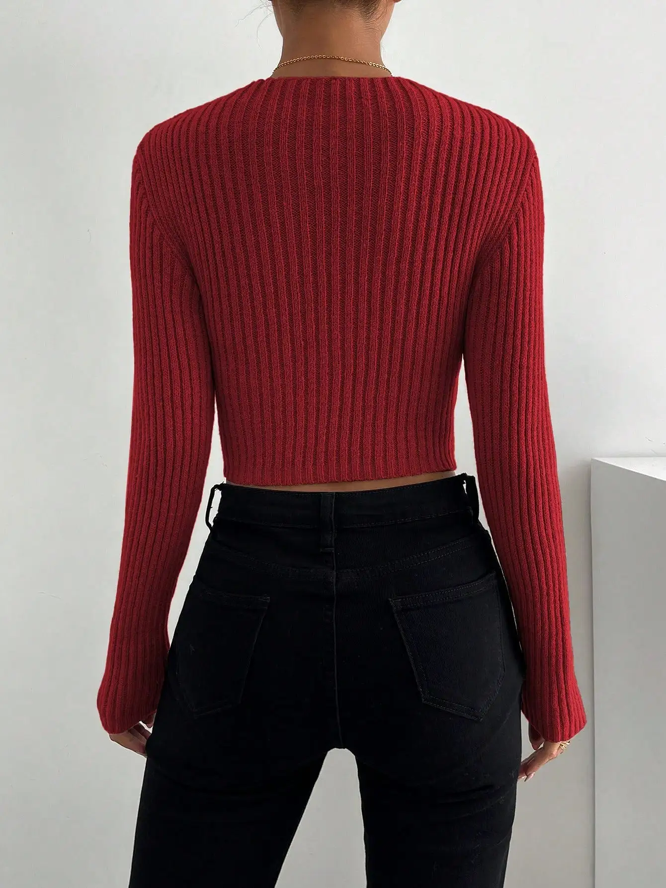 Crisscross Cut Out Ribbed Knit Crop Sweater