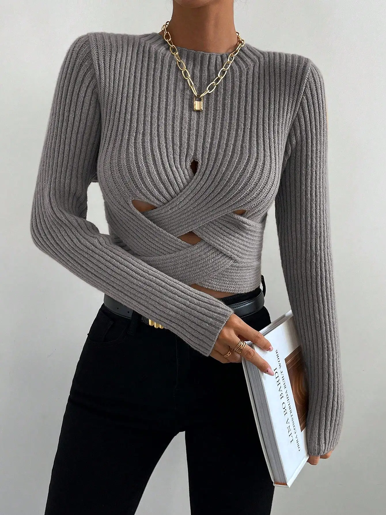 Crisscross Cut Out Ribbed Knit Crop Sweater