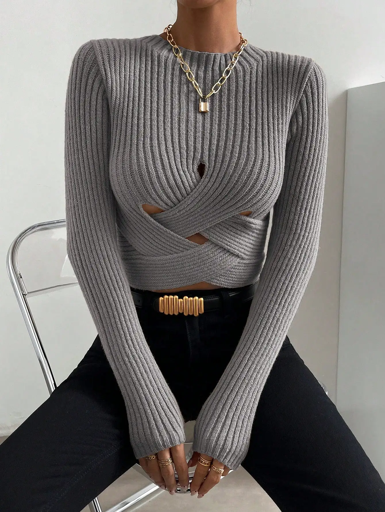 Crisscross Cut Out Ribbed Knit Crop Sweater