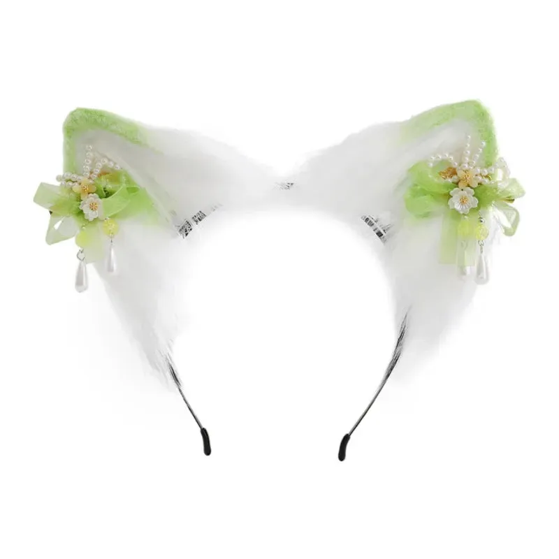 Cute Cat Ear Cosplay Hair Hoop with Flower Hairpin Woman Teens Headband for Live Broadcast Cartoon Carnivals Hairband