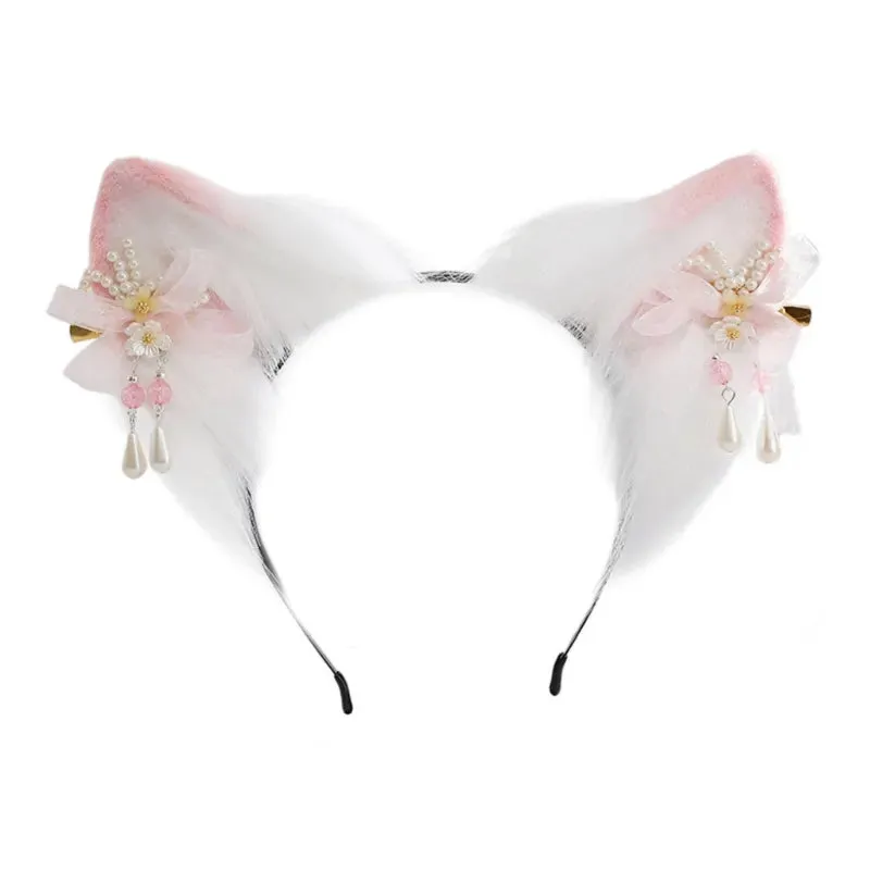 Cute Cat Ear Cosplay Hair Hoop with Flower Hairpin Woman Teens Headband for Live Broadcast Cartoon Carnivals Hairband