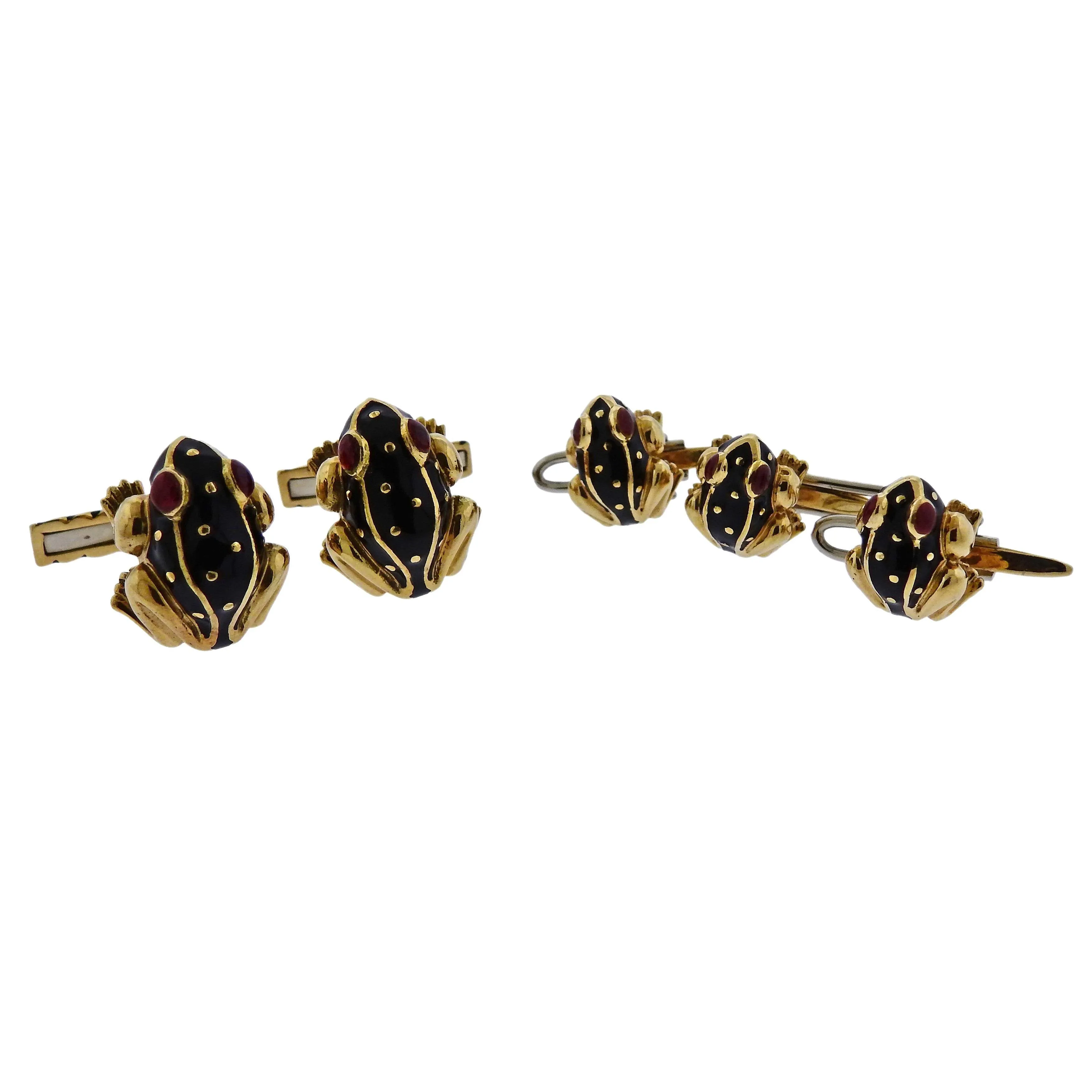 David Webb Enamel Frog Cufflinks Studs Set