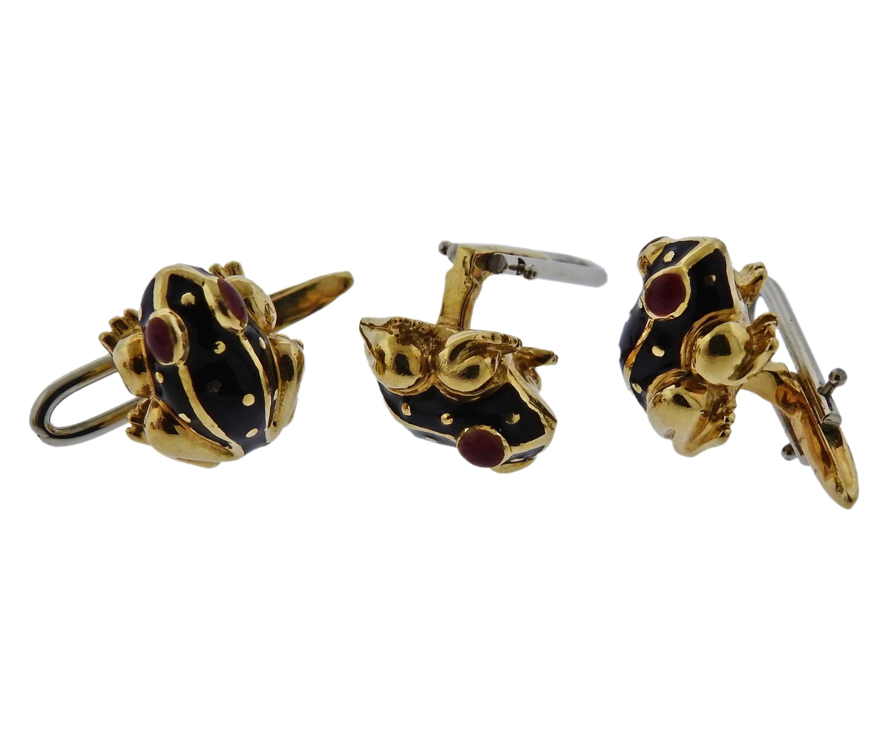 David Webb Enamel Frog Cufflinks Studs Set